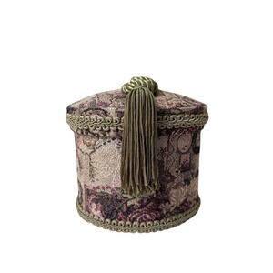 Vintage Tapestry Round Trinket Box Tassel Floral Patterned Jewelry Holder